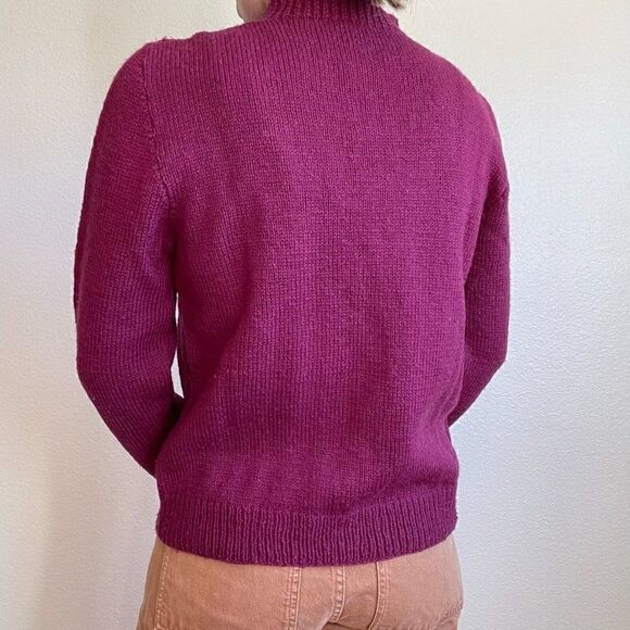 Hand Knit Maroon Red Cable 100% Wool Chunky Knit Mockneck Sweater Sz M - Picture 4 of 6